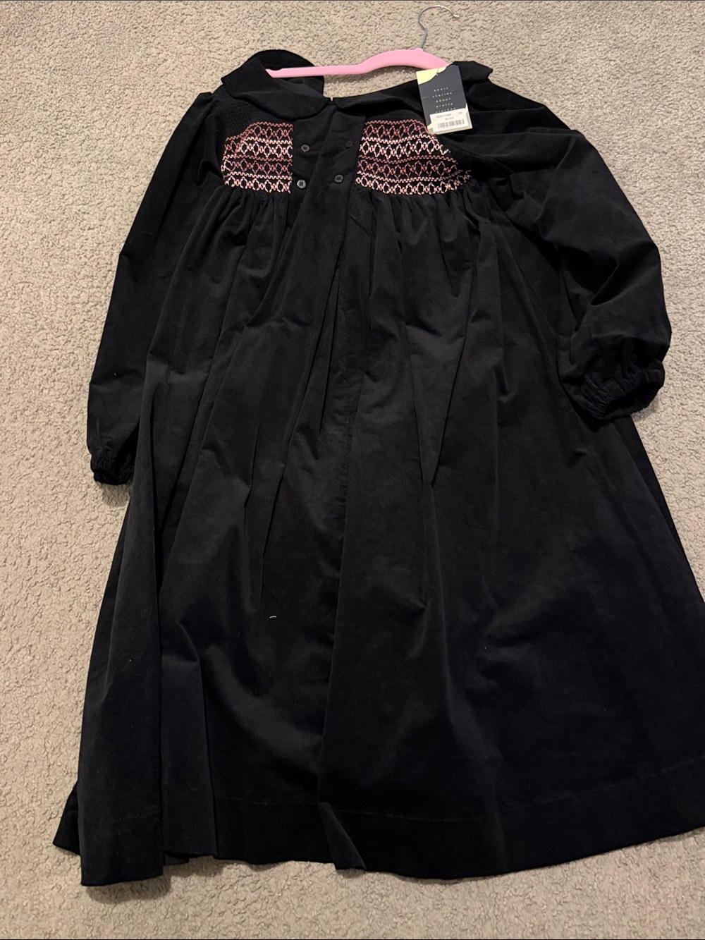 Girls Black Long-Sleeve Dress with Pink Smocked Yoke size 12 Noma nwt